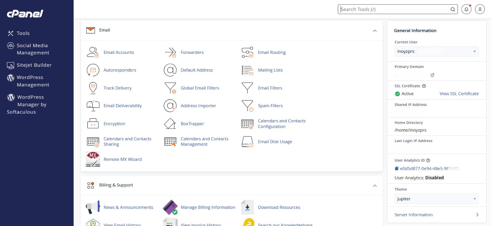 cPanel control panel dashboard for managing cheap web hosting accounts and servers by India Host